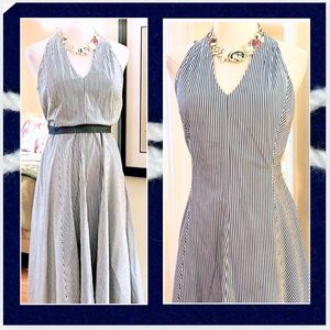 Talbots,Blue Striped Halter Sleeveless Fit & Flare Dress,Side Pockets Zip 6 (P)